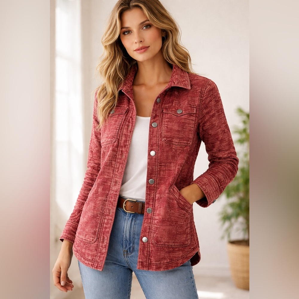 Anthropologie Faded Brick Red Quilted Jacket with Snap Front, NEW